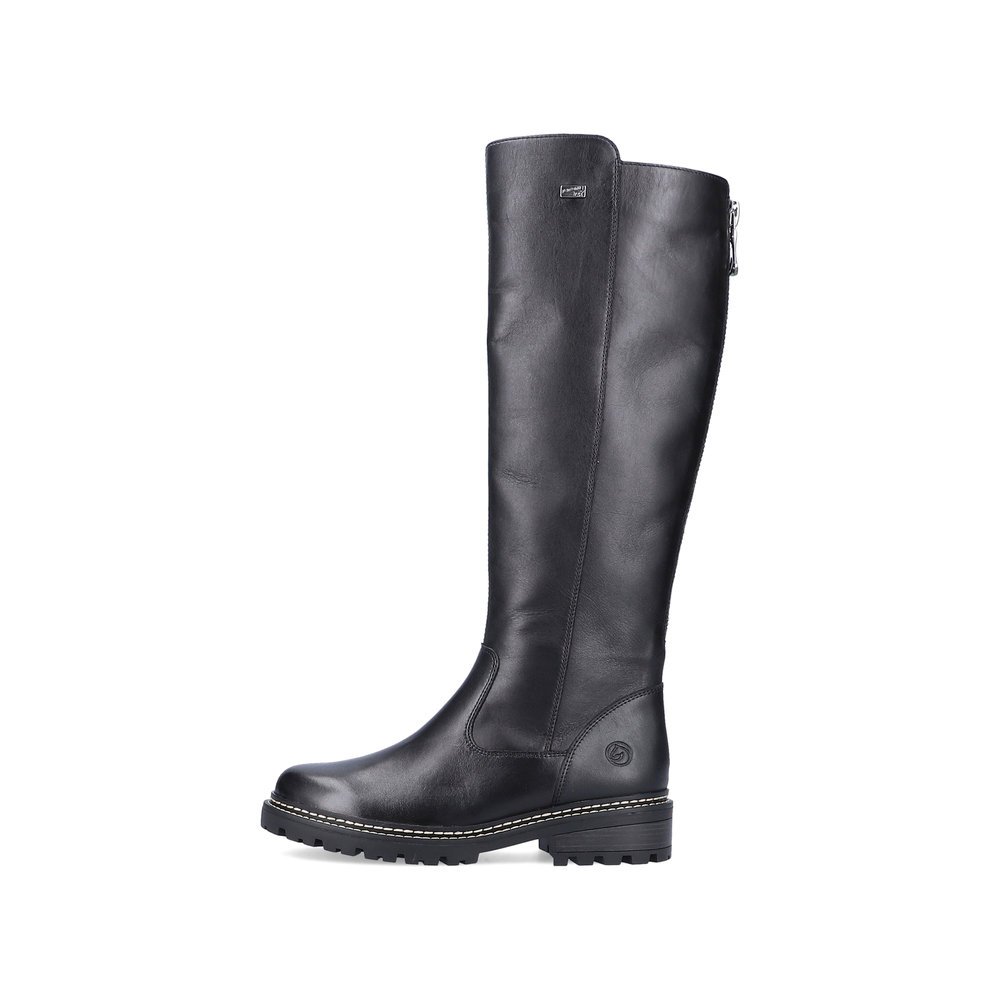 Schwarze remonte Hochschaftstiefel D0B72-01 mit wasserabweisender TEX-Membran. Schuh Außenseite.