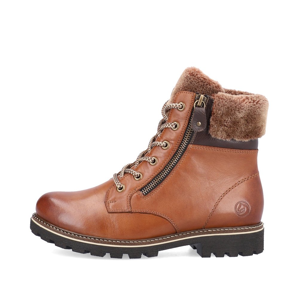 Fuchsbraune remonte Damen Schnürstiefel D8463-25 mit Schaftkragen. Schuh Außenseite.