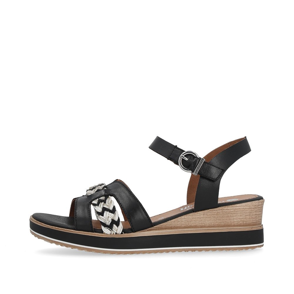 Black remonte women´s wedge sandals D6461-02 with hook and loop fastener. Outside of the shoe.
