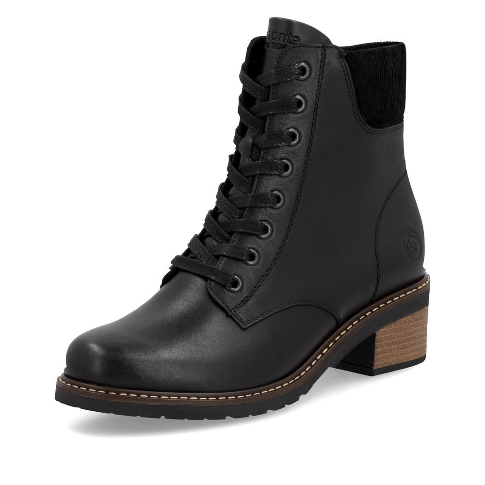 Bottes à lacets remonte noires pour femme D1A70-00 avec fermeture éclair. Chaussure inclinée sur le côté.