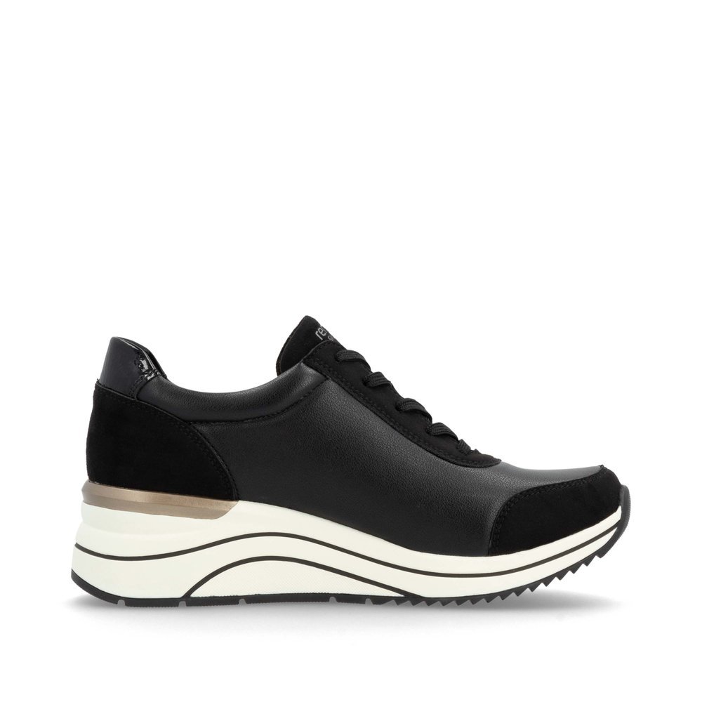 Black vegan remonte women´s sneakers D0T09-03 with zipper as well as extra width H. Shoe inside.