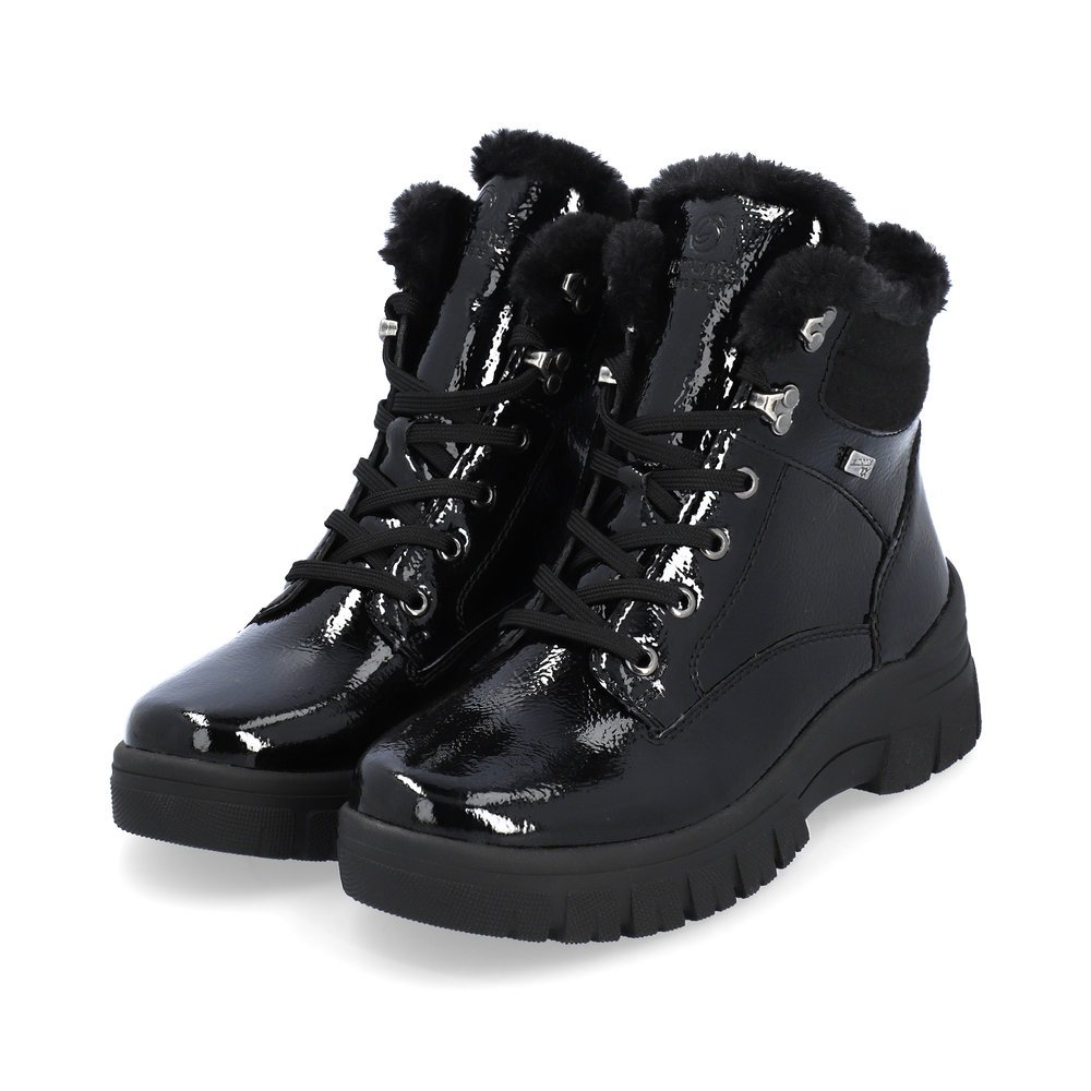 Midnight black remonte women´s lace-up boots D0E71-02 with remonteTEX technology. Shoes laterally.