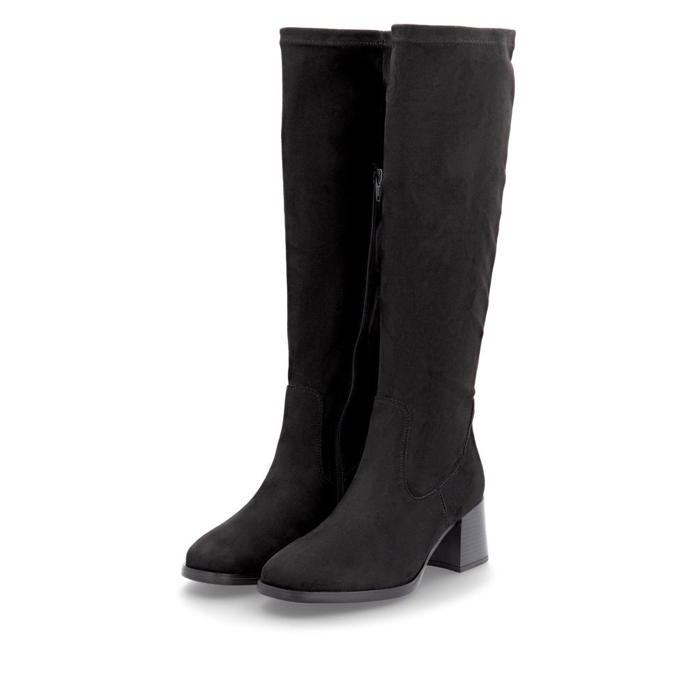 Bottes à tige haute remonte noires femme D0V82-02 avec fermeture éclair. Chaussures inclinées sur le côté.