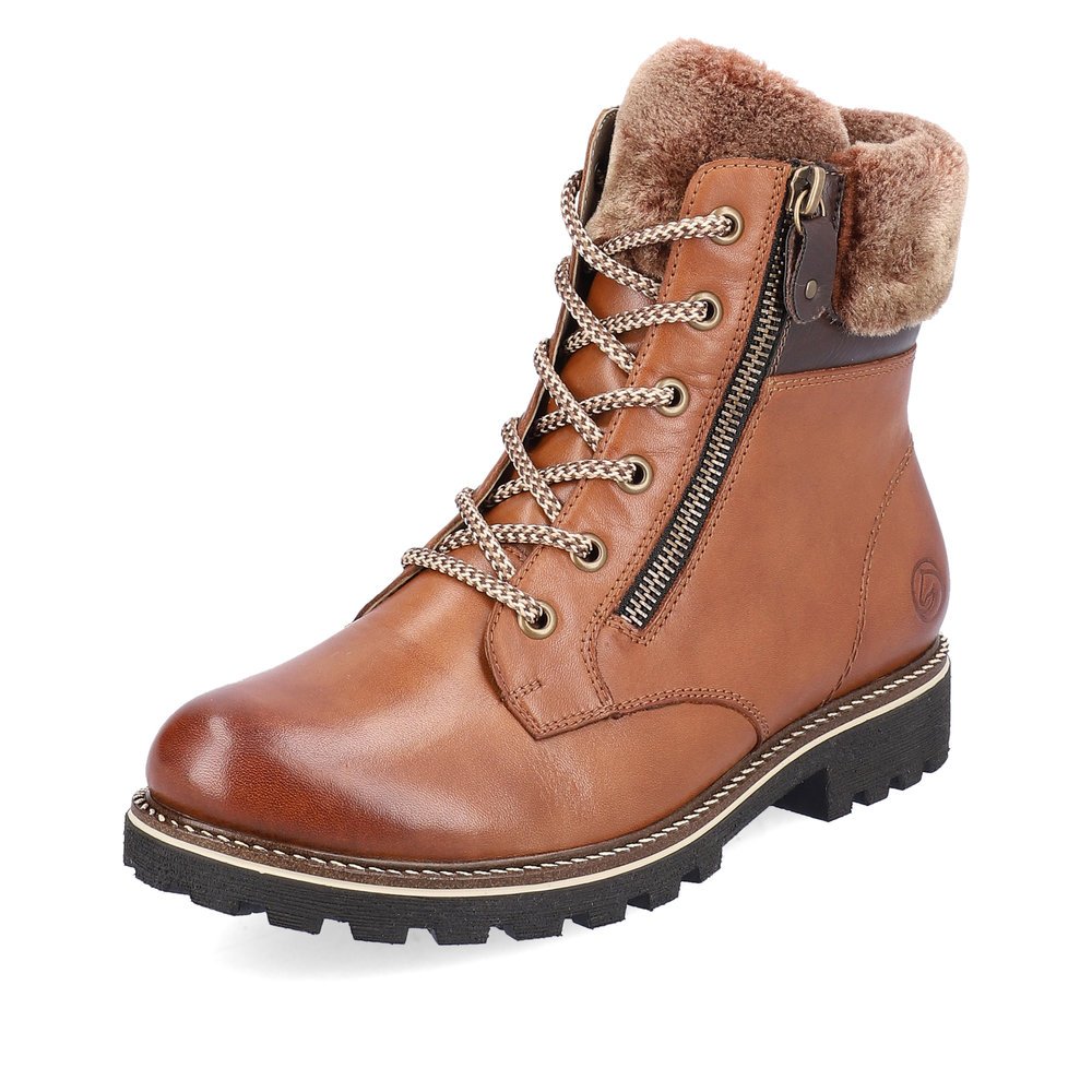 Fuchsbraune remonte Damen Schnürstiefel D8463-25 mit Schaftkragen. Schuh seitlich schräg.