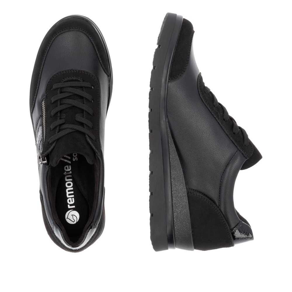 Black remonte women´s lace-up shoes R0708-02 with zipper as well as comfort width G. Shoe from the top, lying.