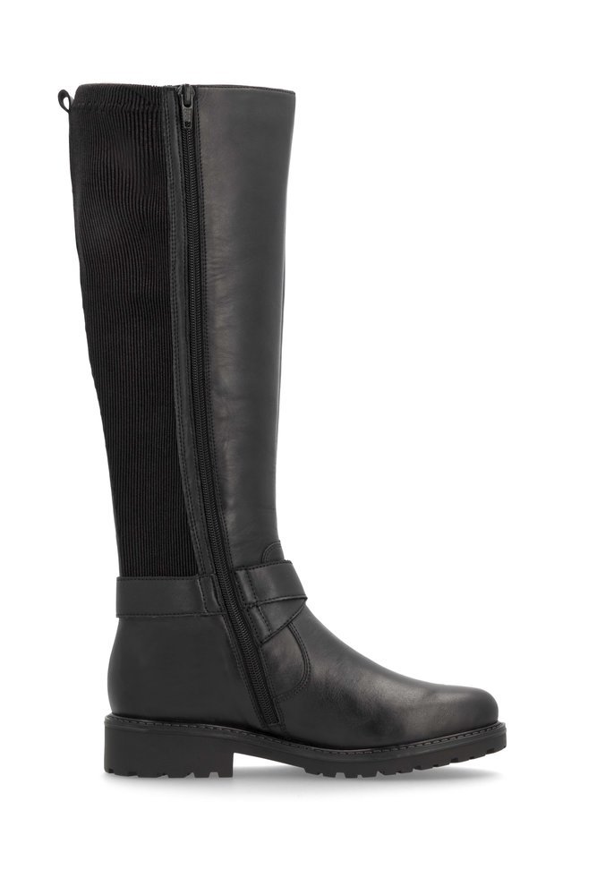 Black remonte women´s high boots R6593-00 with decorative buckles as well as zipper. Shoe inside.