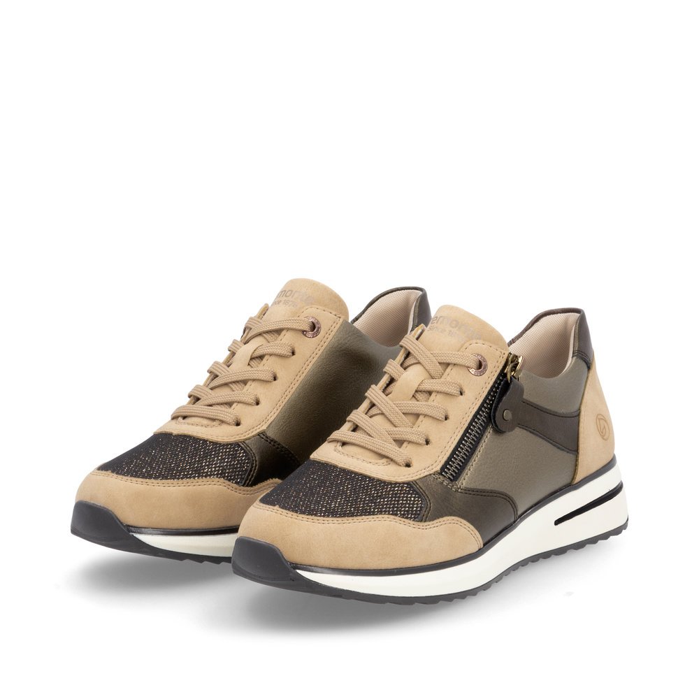 Bronze vegan remonte women´s sneakers D1G08-91 with zipper as well as padded insole. Shoes laterally.