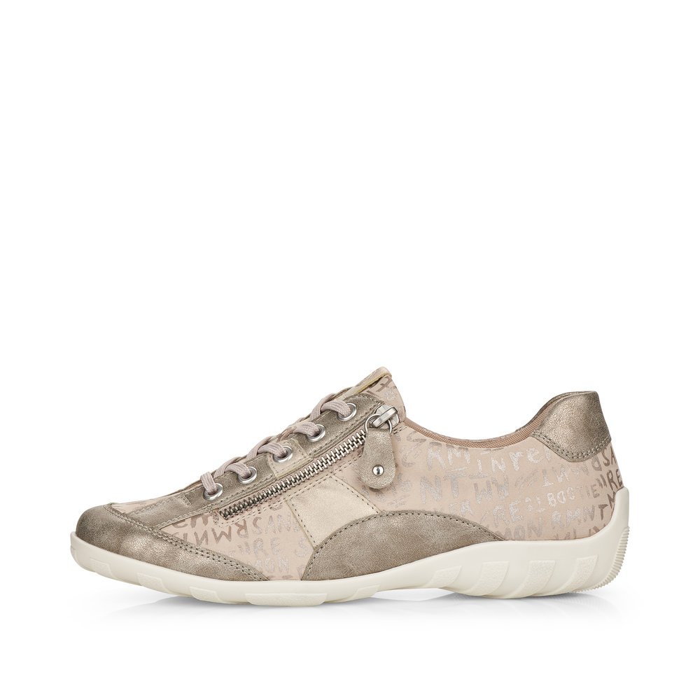 Beige remonte women´s lace-up shoes R3403-60 with a zipper and comfort width G. Outside of the shoe.