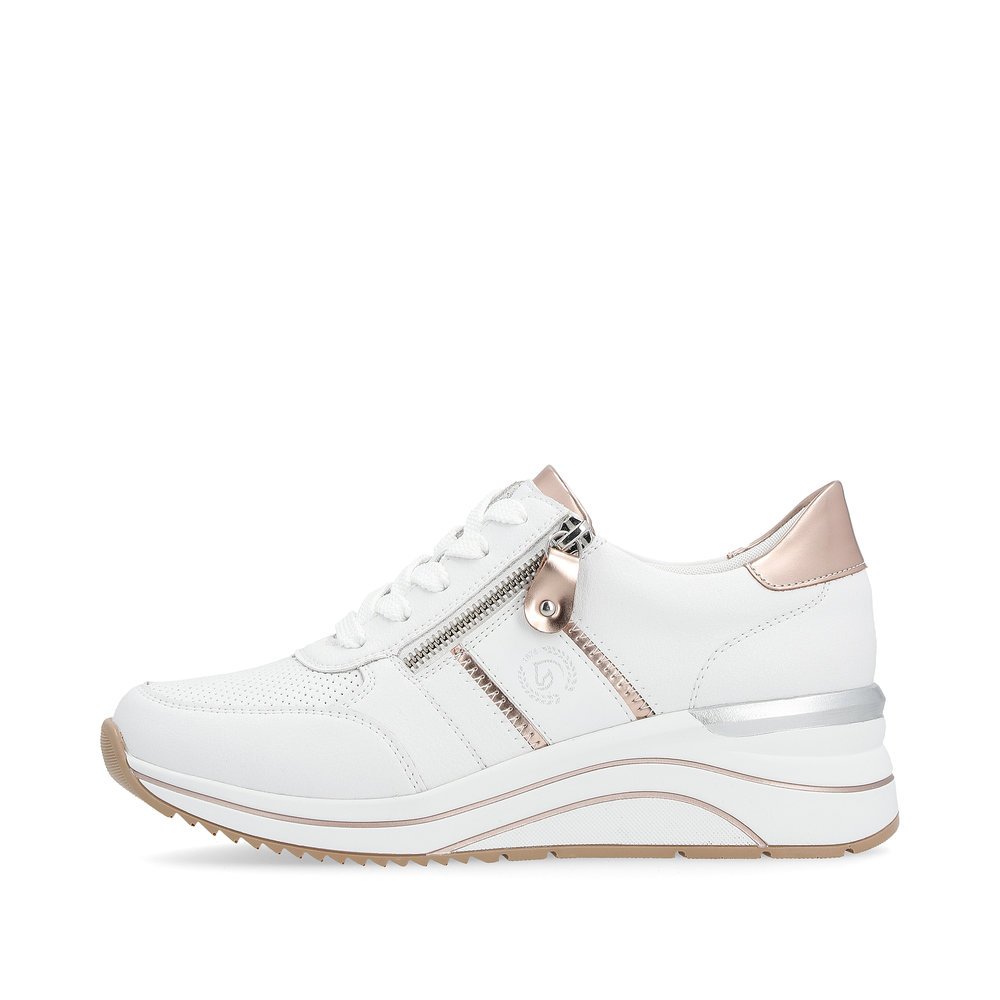 White remonte women´s sneakers D0T04-80 with a zipper and extra width H. Outside of the shoe.