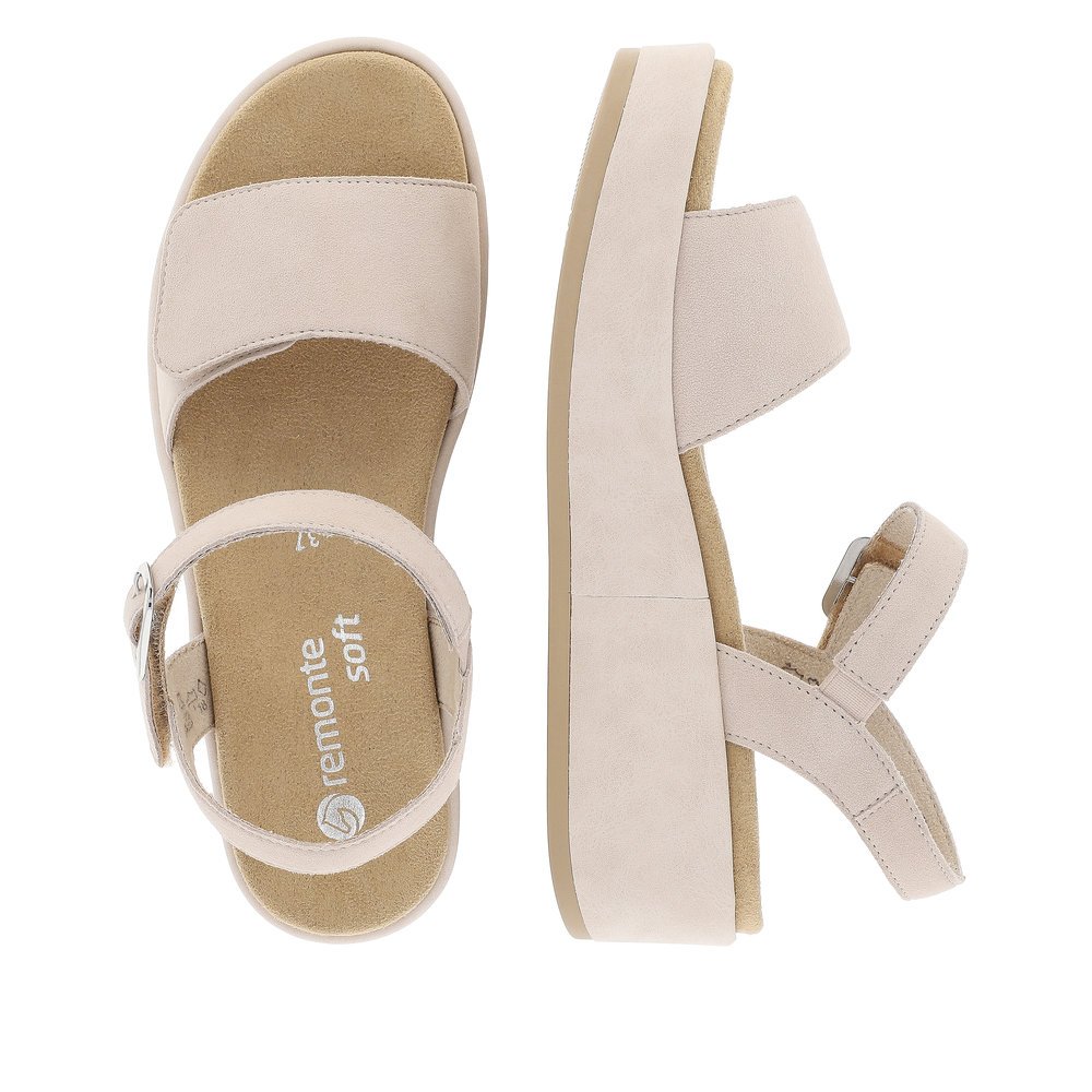 Clay beige remonte women´s strap sandals D1N50-60 with a hook and loop fastener. Shoe from the top, lying.