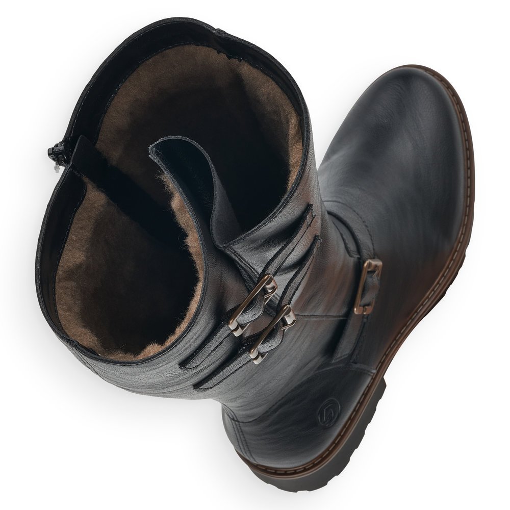 Bottes à tige haute remonte noires pour femme R6590-01. Chaussure vue de dessus, couchée.