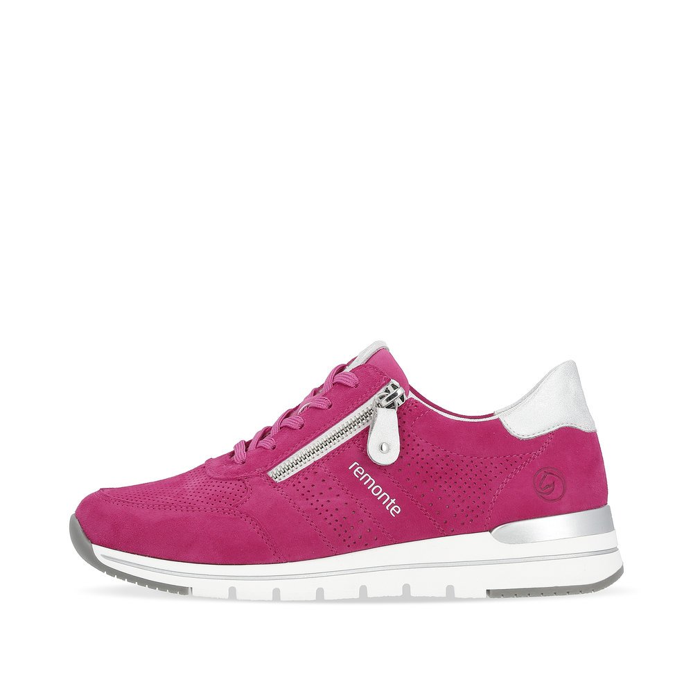 Magenta remonte women´s sneakers R6705-31 with zipper and comfort width G. Outside of the shoe.