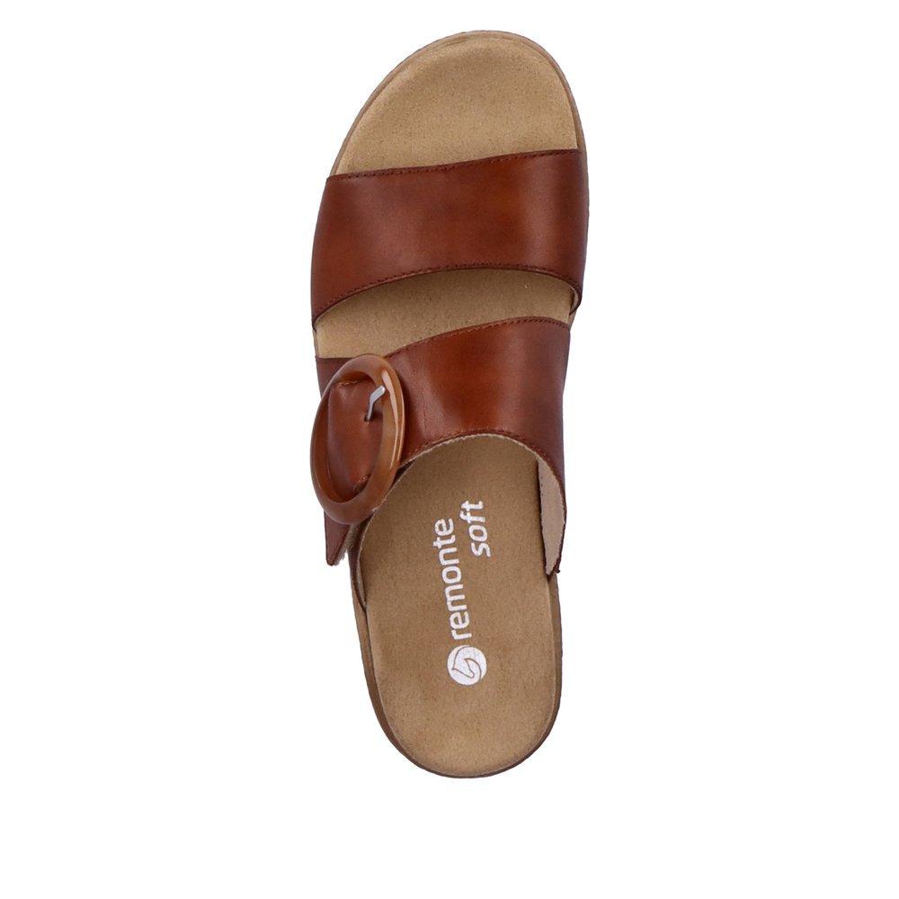 Brown remonte women´s mules D0Q51-24 with hook and loop fastener. Shoe from the top.