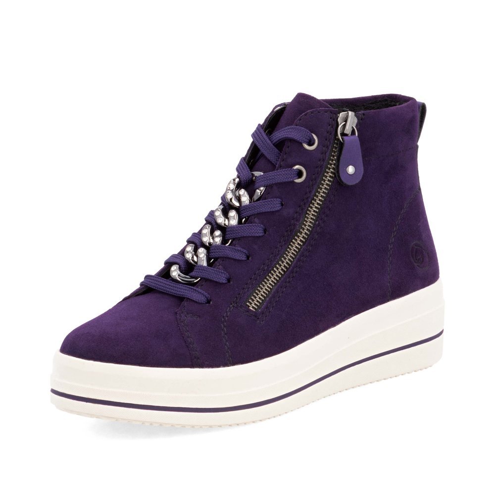 Purple remonte women´s sneakers D1C70-30 with a chain element as well as a zipper. Shoe laterally.