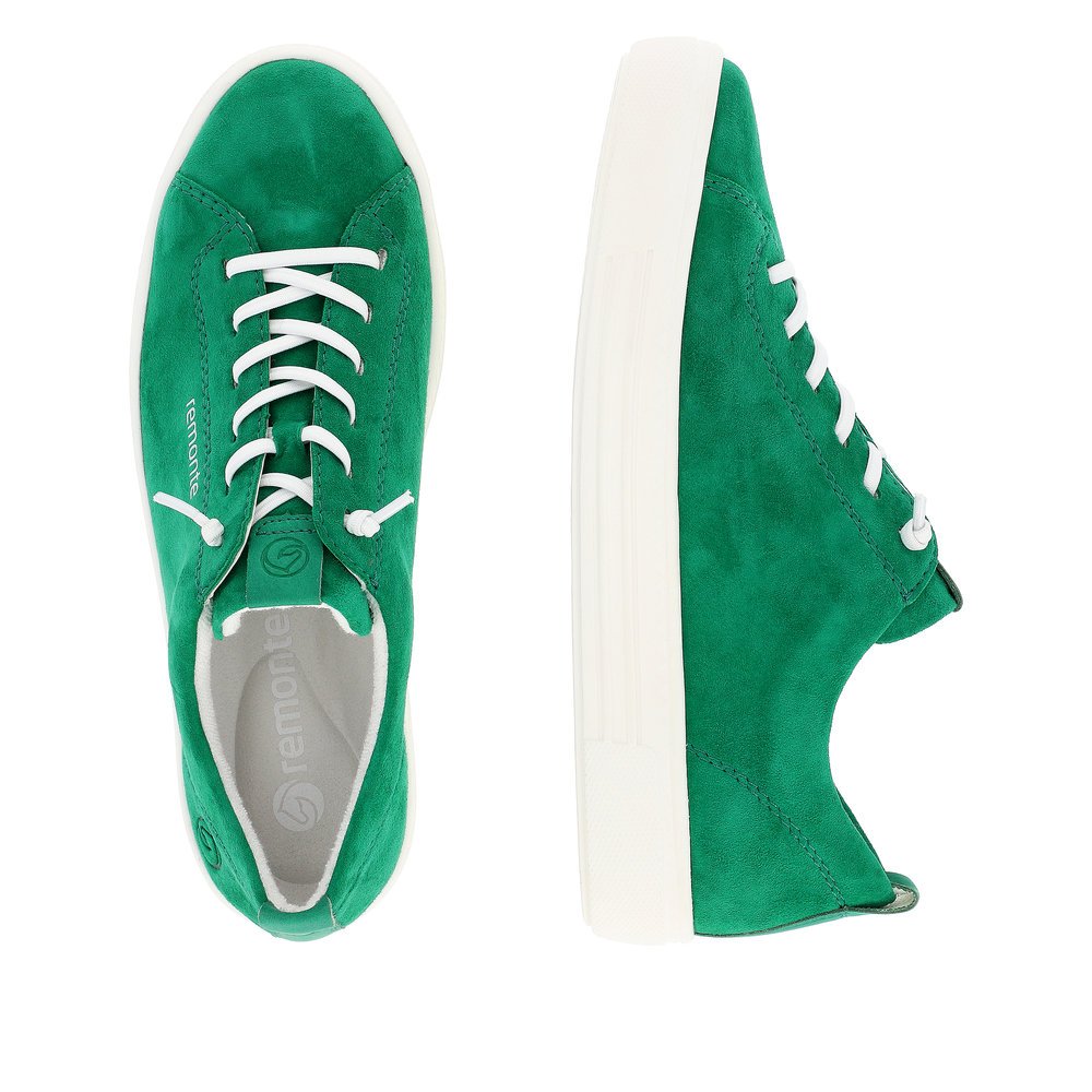 Emerald green remonte women´s sneakers D0913-52 with lacing and comfort width G. Shoe from the top, lying.