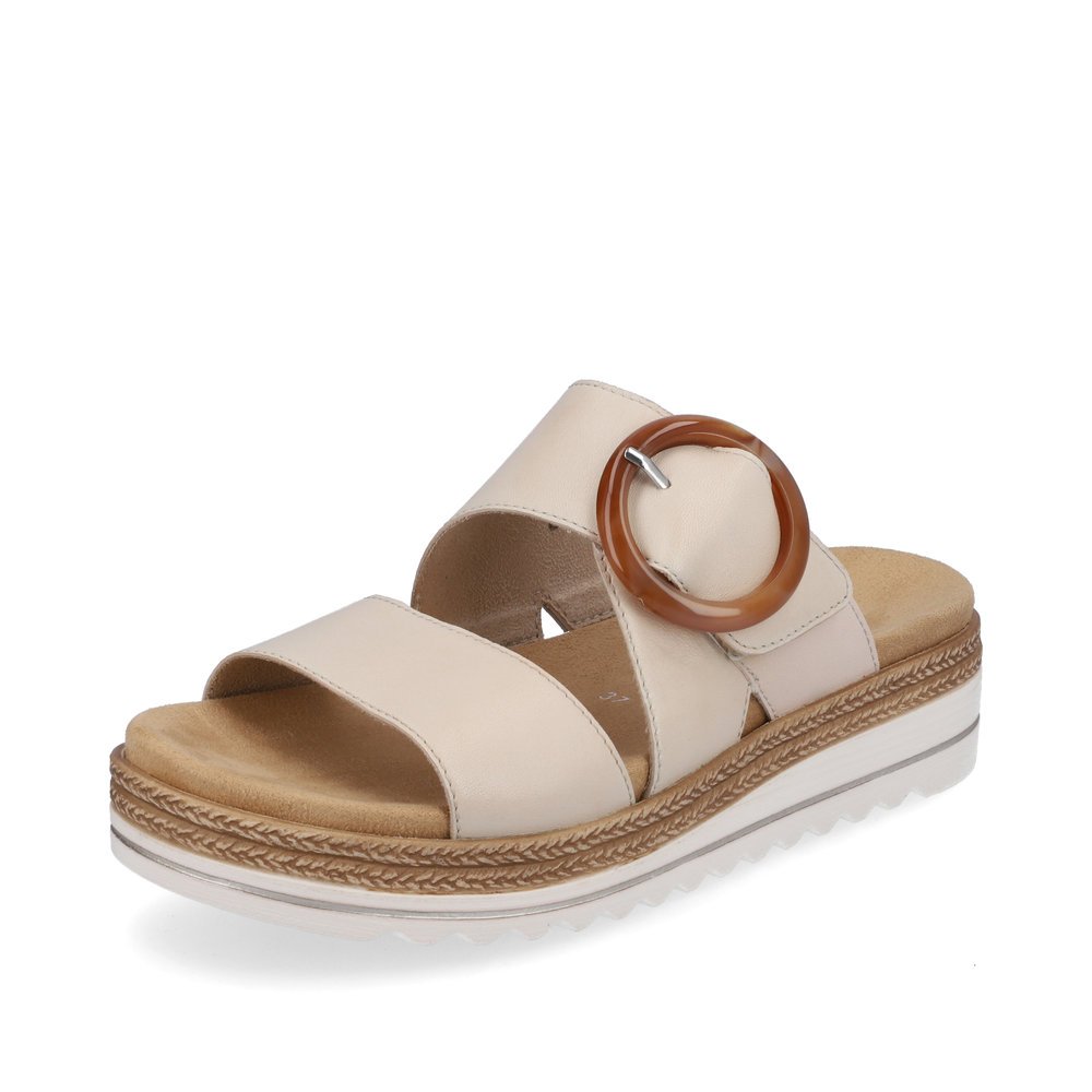 Vanilla beige remonte women´s mules D0Q51-80 with a hook and loop fastener. Shoe laterally.