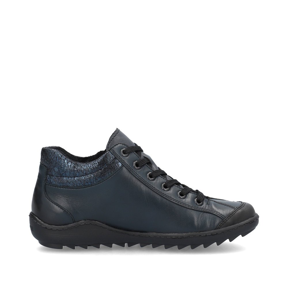 Chaussures à lacets remonte bleues pour femme R1477-15 avec logo noir. Intérieur de la chaussure.