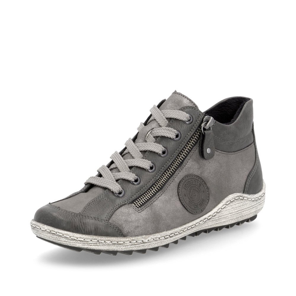 Chaussures à lacets remonte grises pour femme R1477-42 avec logo gris. Chaussure inclinée sur le côté.