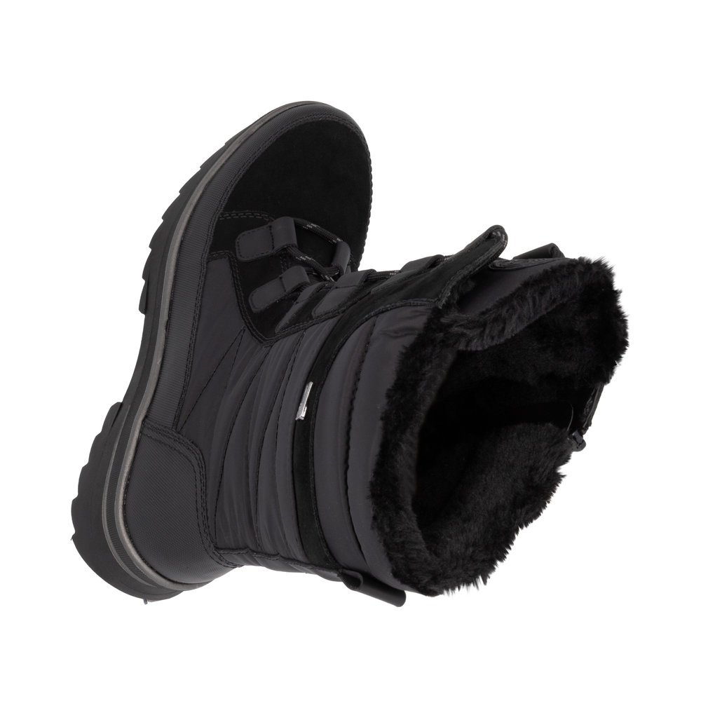 Schwarze remonte Hochschaftstiefel D2B71-02 mit griffiger Glass-Fibre Sohle. Schuh von oben, liegend.