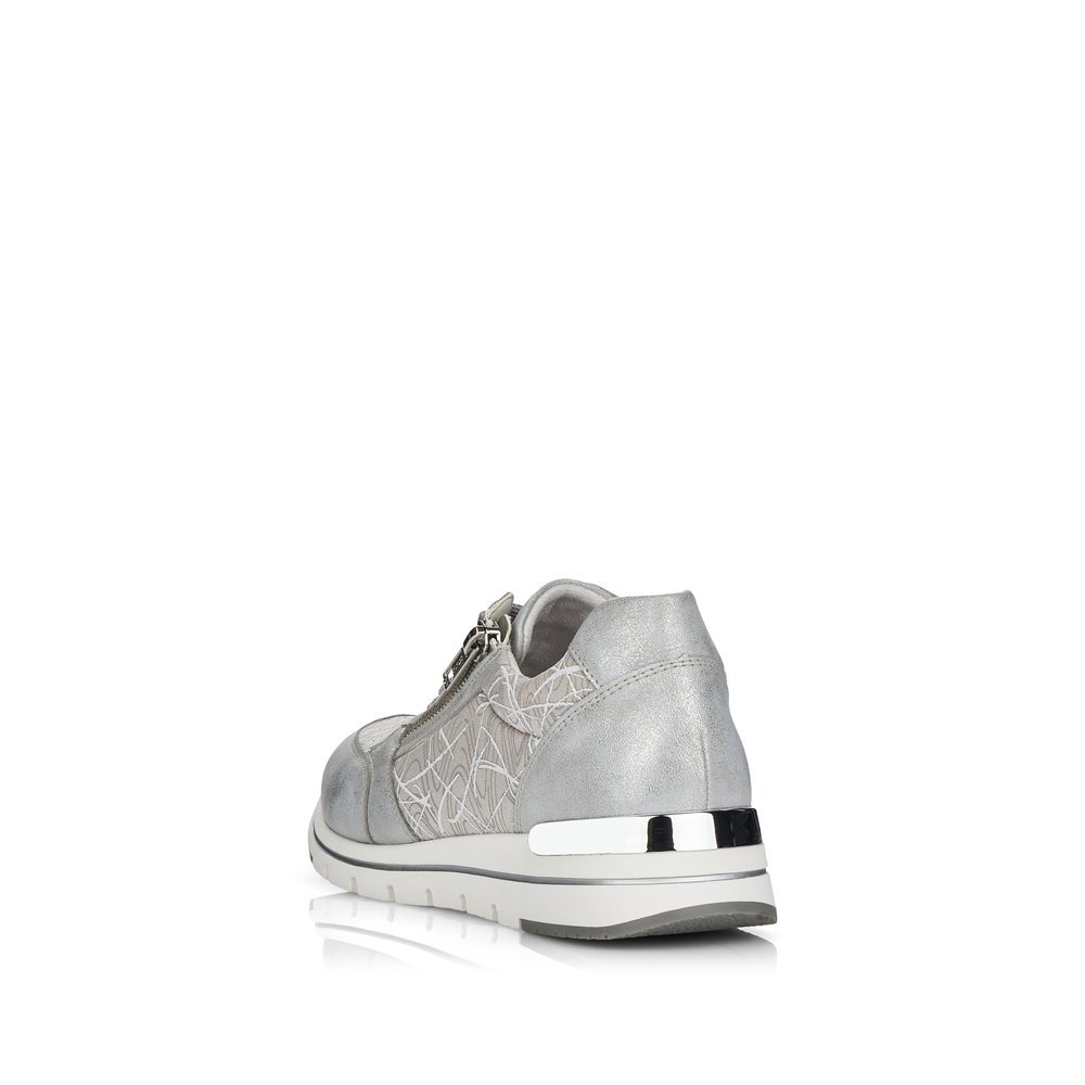 Grey remonte women´s sneakers R6700-40 with zipper and abstract pattern. Shoe from the back.
