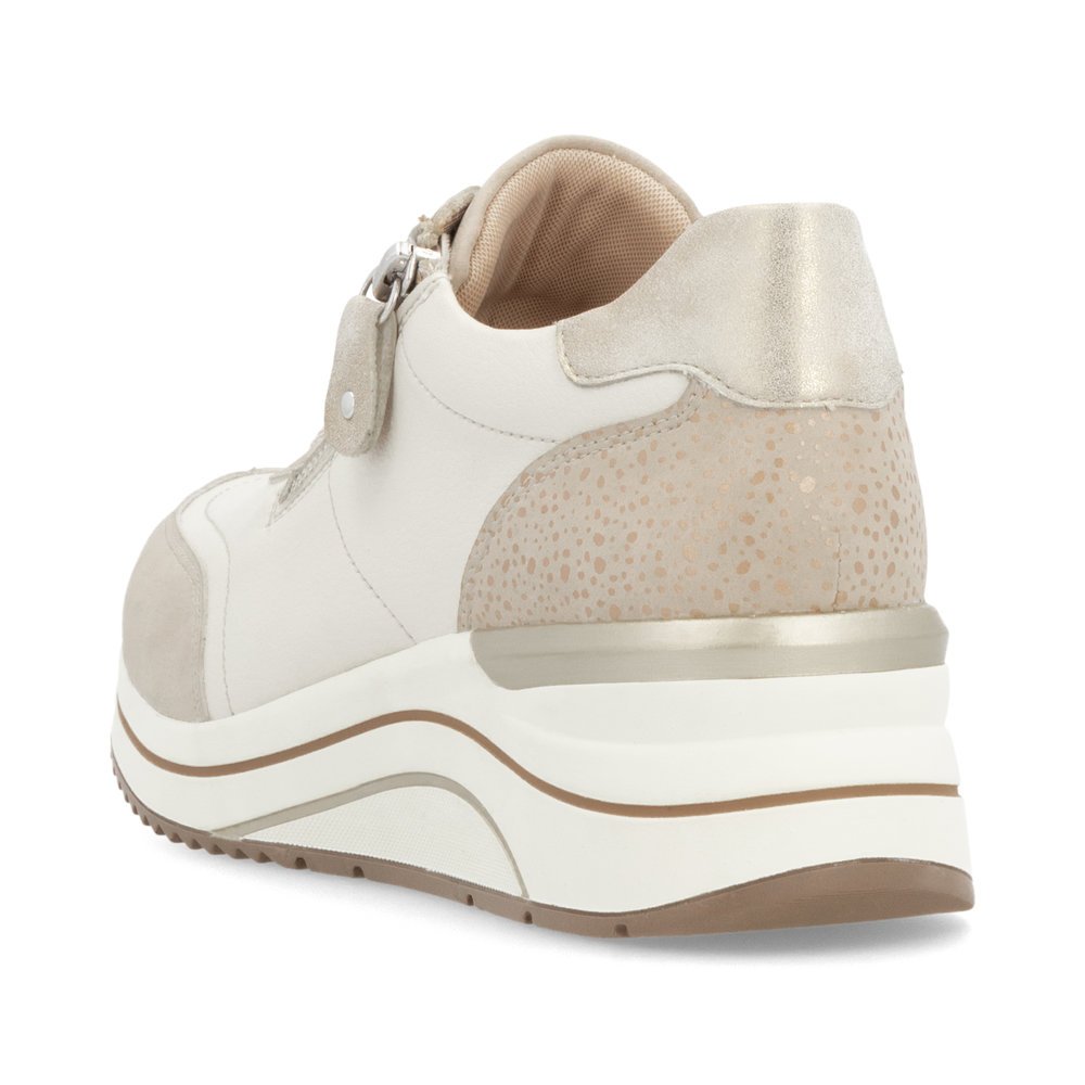 Beige remonte women´s sneakers D0T00-60 with a zipper as well as extra width H. Shoe from the back.