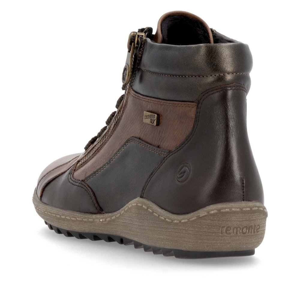 Braune remonte Damen Schnürschuhe R1458-22 mit wasserabweisender TEX-Membran. Schuh von hinten.