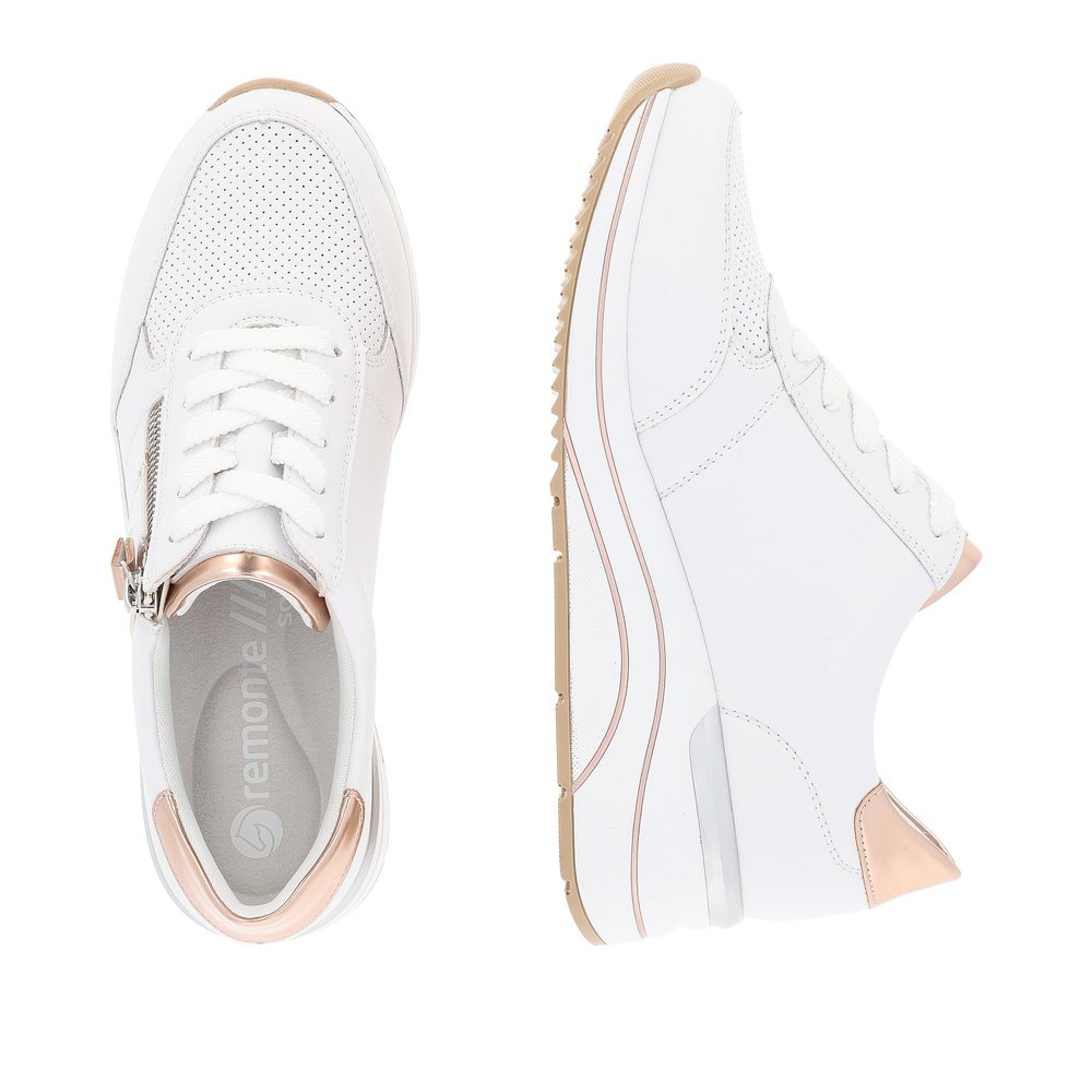 White remonte women´s sneakers D0T04-80 with a zipper and extra width H. Shoe from the top, lying.