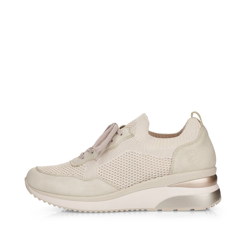 Cream beige remonte women´s sneakers D2406-60 with an elastic insert and mesh look. Outside of the shoe.