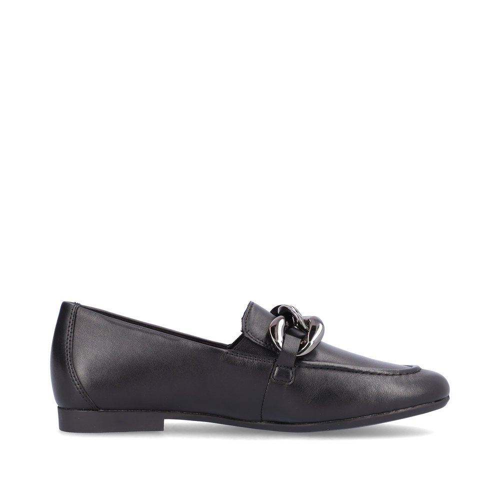 Jet black remonte women´s loafers D0K00-00 with a chunky chain element. Shoe inside.