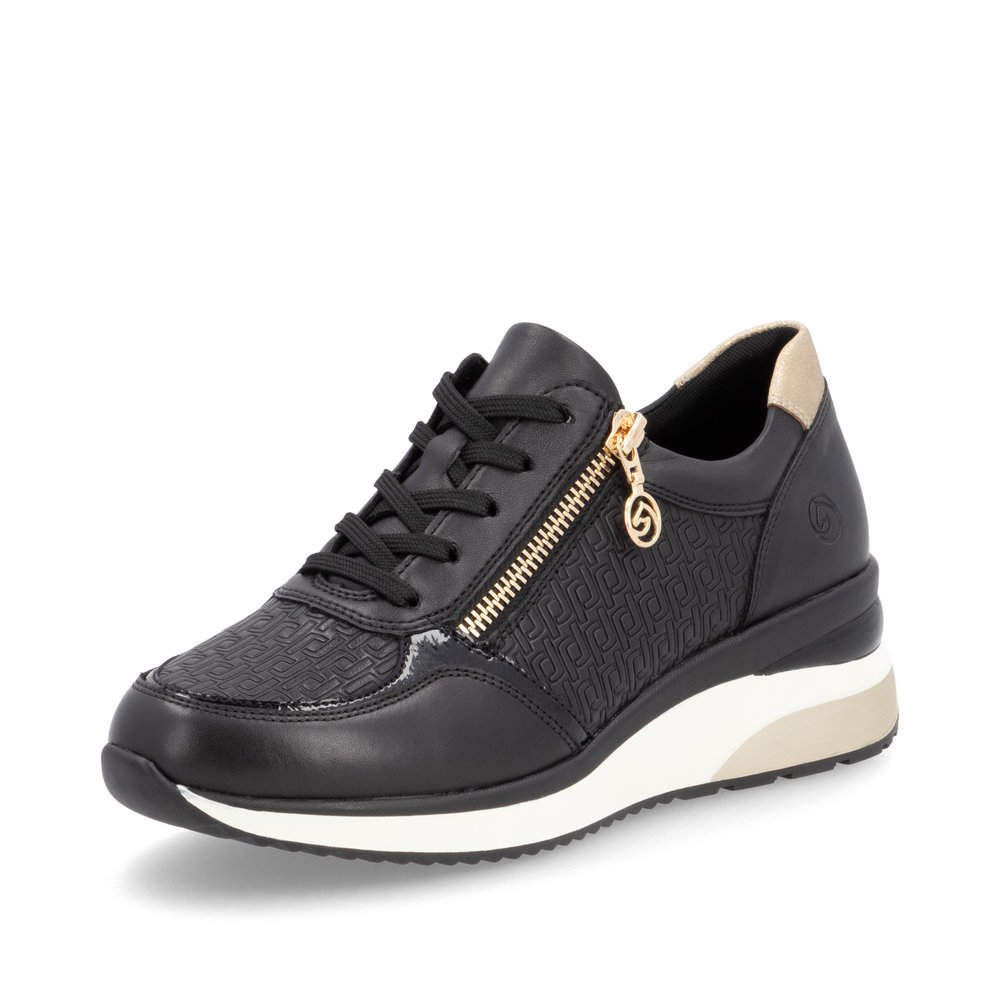 Black remonte women´s sneakers D2417-03 with a remonte pendant as well as a zipper. Shoe laterally.