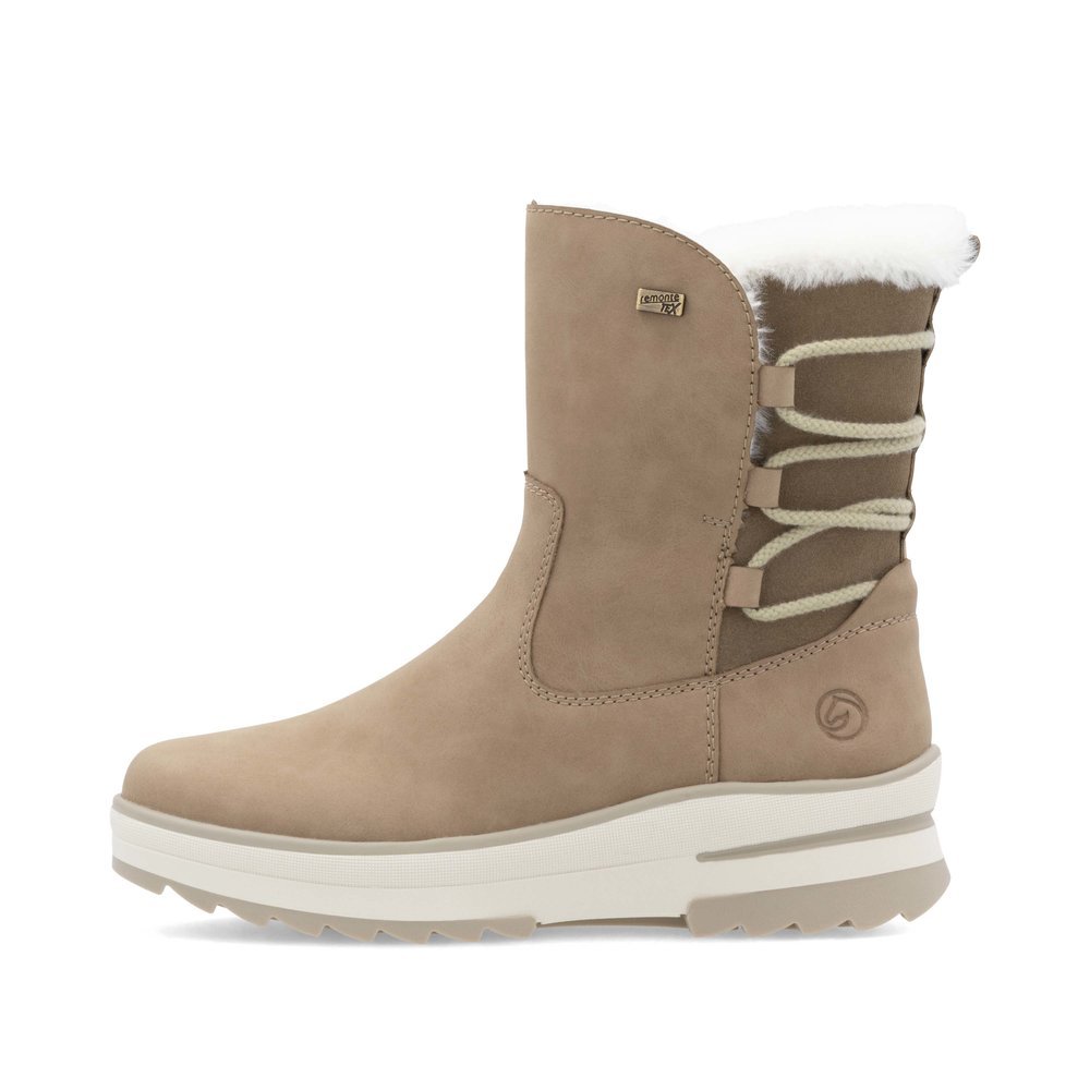 Braunbeige remonte Damen Kurzstiefel D2B72-20 mit griffiger Glass-Fibre Sohle. Schuh Außenseite.