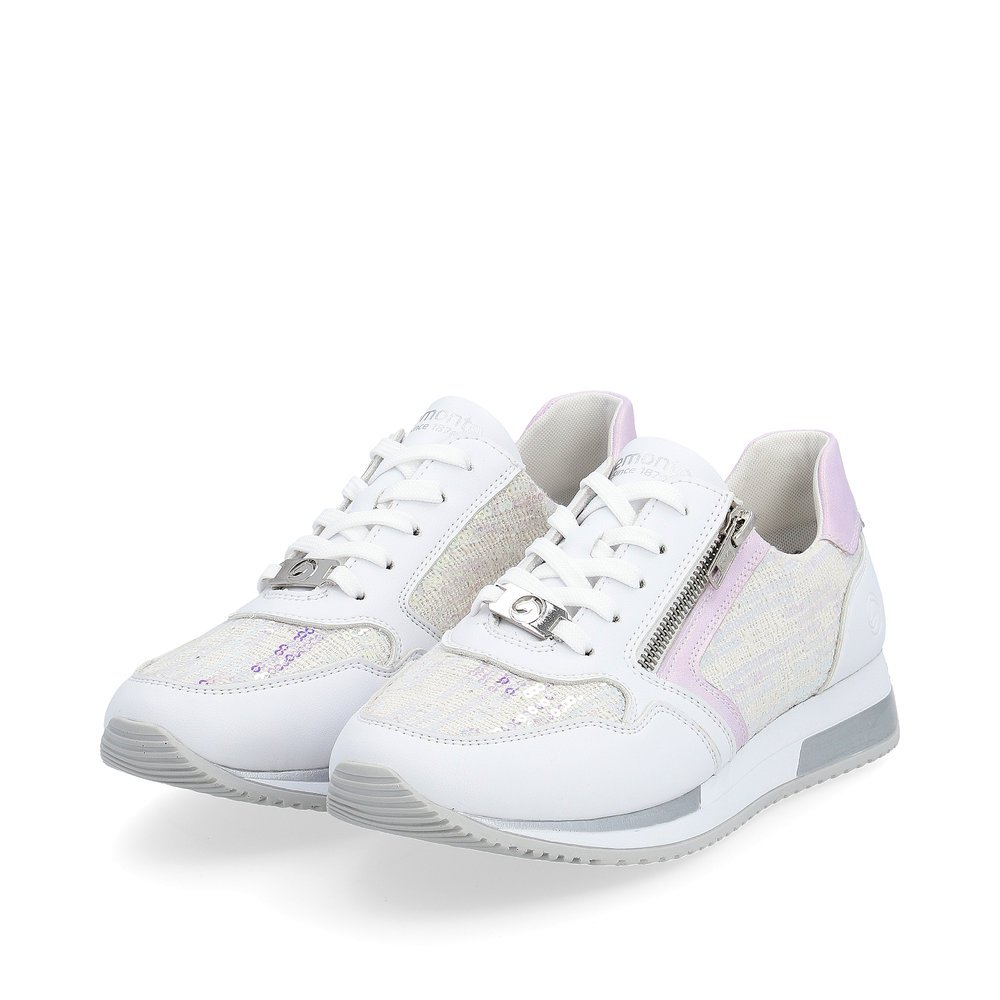 Pure white vegan remonte women´s sneakers D0H12-80 with a zipper. Shoes laterally.
