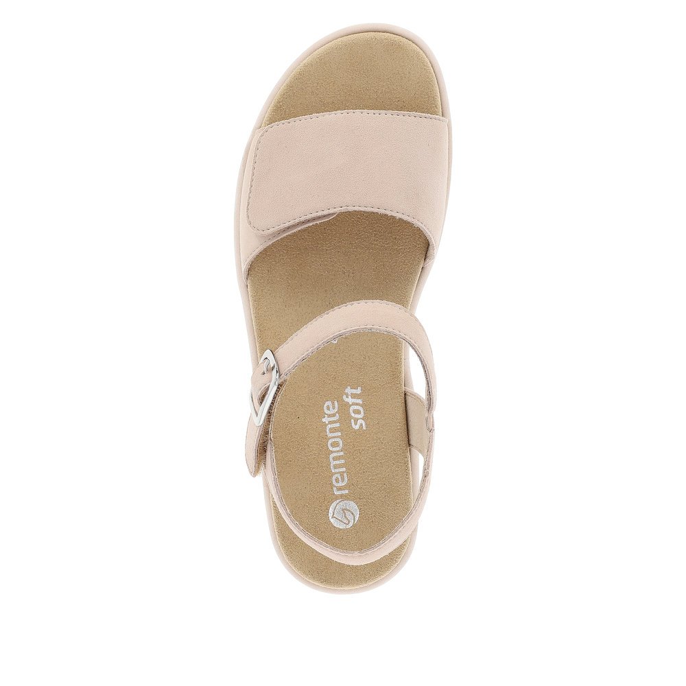 Clay beige remonte women´s strap sandals D1N50-60 with a hook and loop fastener. Shoe from the top.