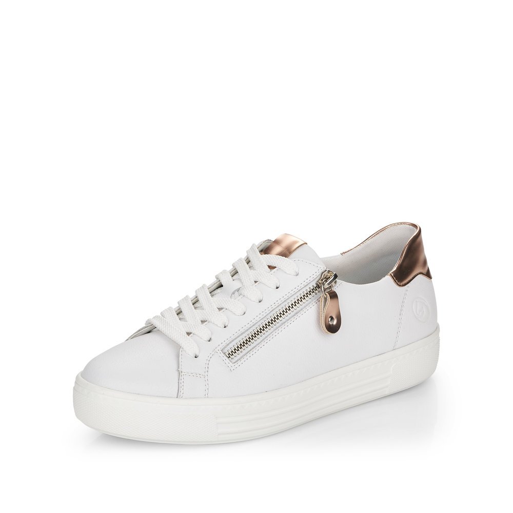 Classy white remonte women´s sneakers D0903-81 with a zipper and comfort width G. Shoe laterally.