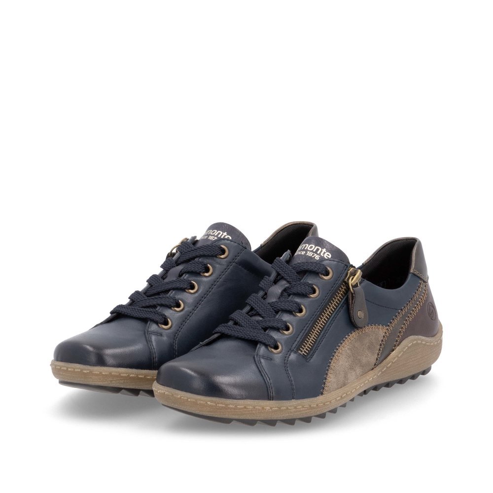 Chaussures à lacets remonte bleues femme R1439-14 avec fermeture éclair. Chaussures inclinées sur le côté.