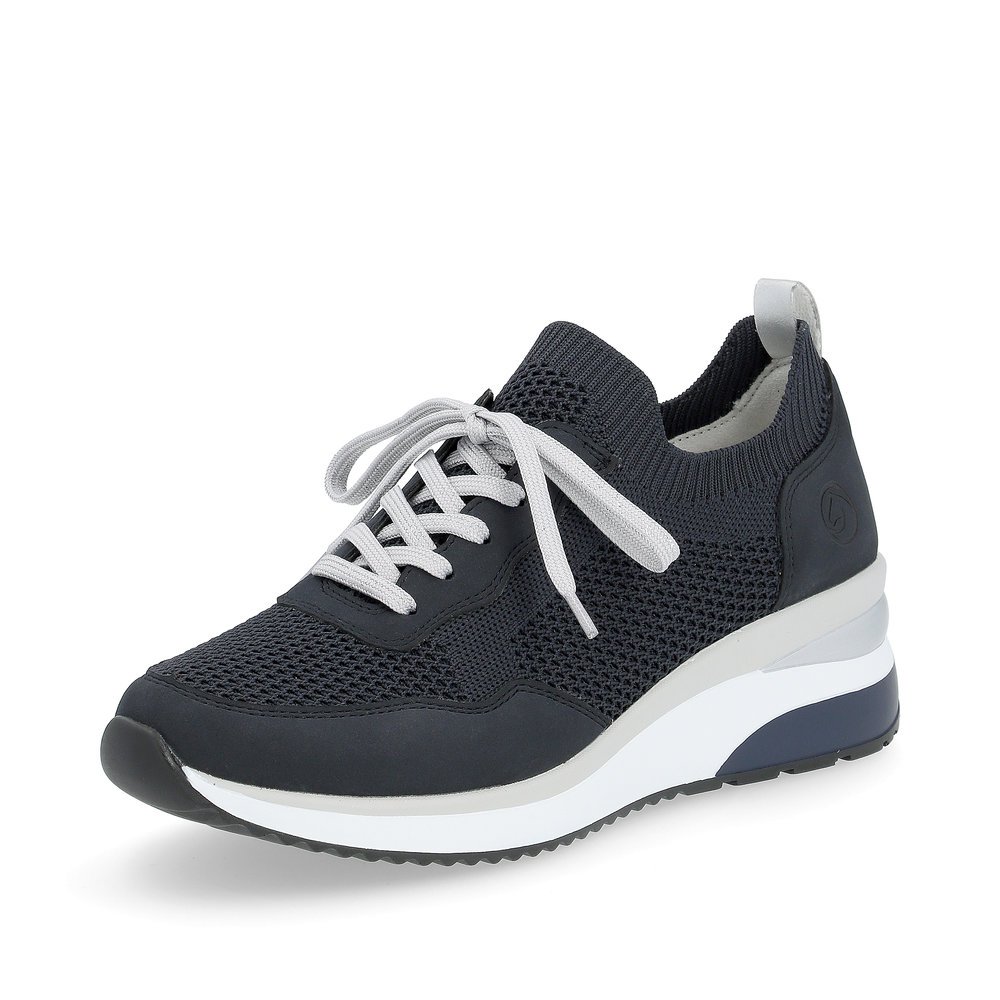 Navy blue remonte women´s sneakers D2406-14 with elastic insert and comfort width G. Shoe laterally.