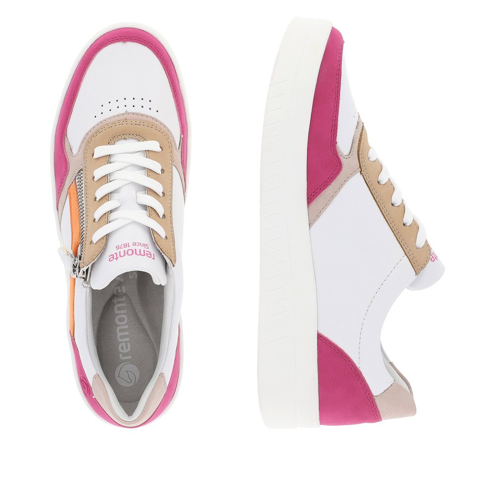 White remonte women´s sneakers D0J01-84 with zipper and a soft exchangeable footbed. Shoe from the top, lying.