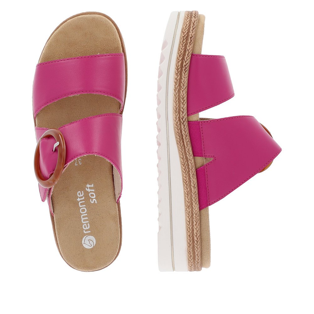 Pink remonte women´s mules D0Q51-31 with a hook and loop fastener. Shoe from the top, lying.