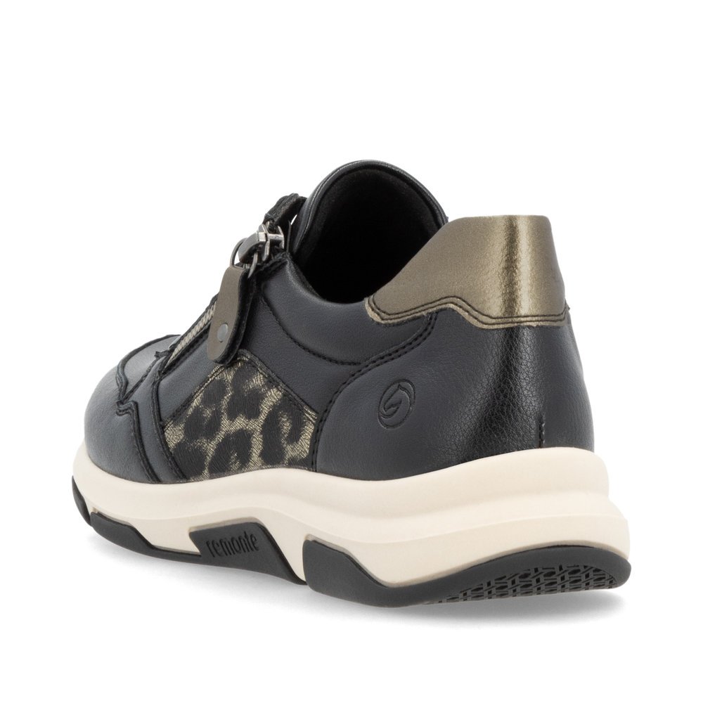 Black vegan remonte women´s sneakers D1S01-03 with animal print as well as a zipper. Shoe from the back.