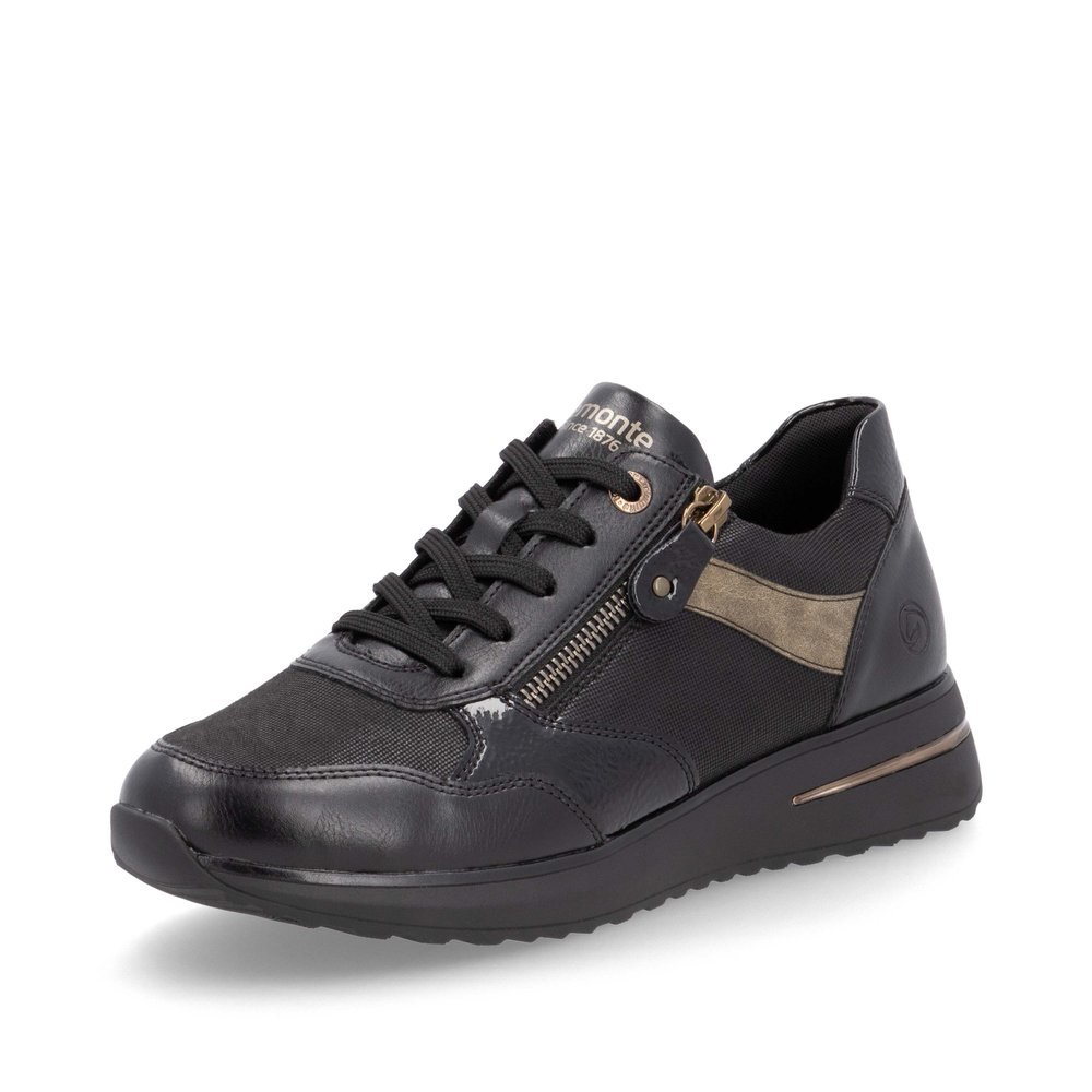 Black vegan remonte women´s sneakers D1G08-03 with zipper as well as padded insole. Shoe laterally.