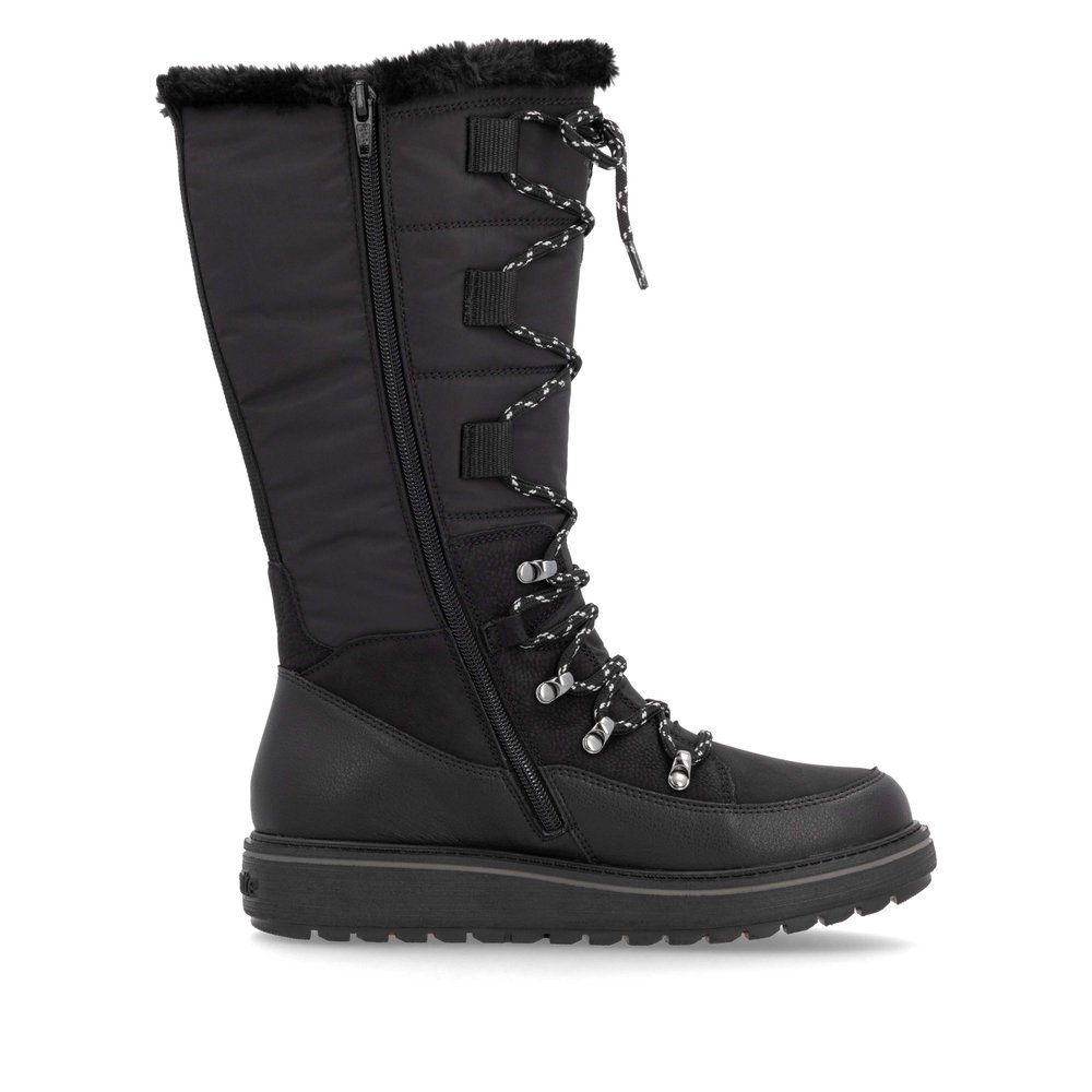 Night black remonte women´s high boots D0U77-00 with a Flip-Grip sole with spikes. Shoe inside.