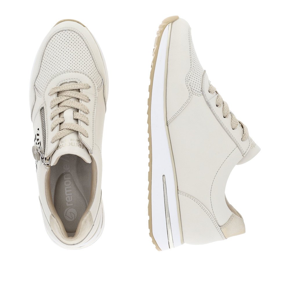 White remonte women´s sneakers D1G00-81 with zipper and padded exchangeable footbed. Shoe from the top, lying.