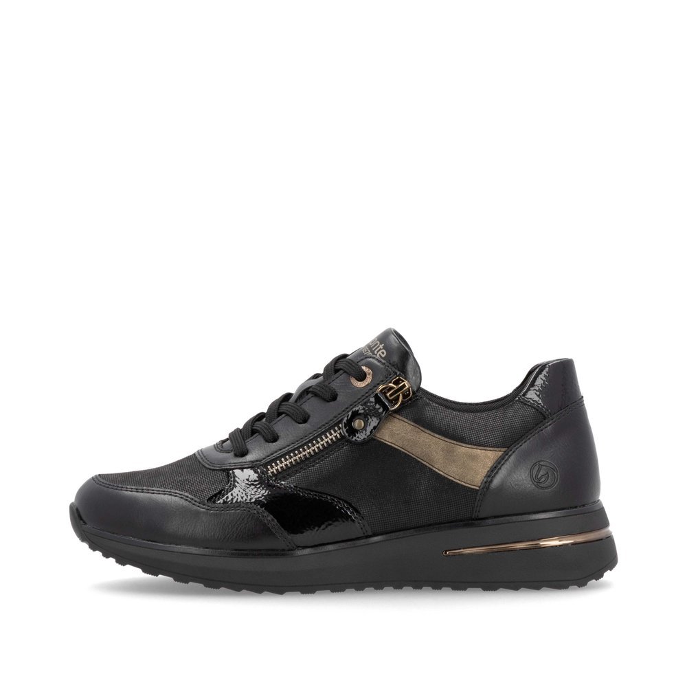 Black vegan remonte women´s sneakers D1G08-03 with zipper as well as padded insole. Outside of the shoe.