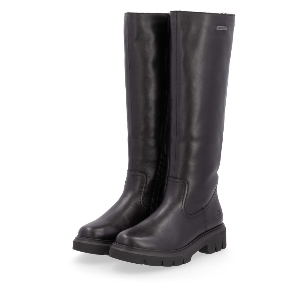 Black remonte women´s high boots D1W73-00 with a zipper as well as comfort width G. Shoes laterally.