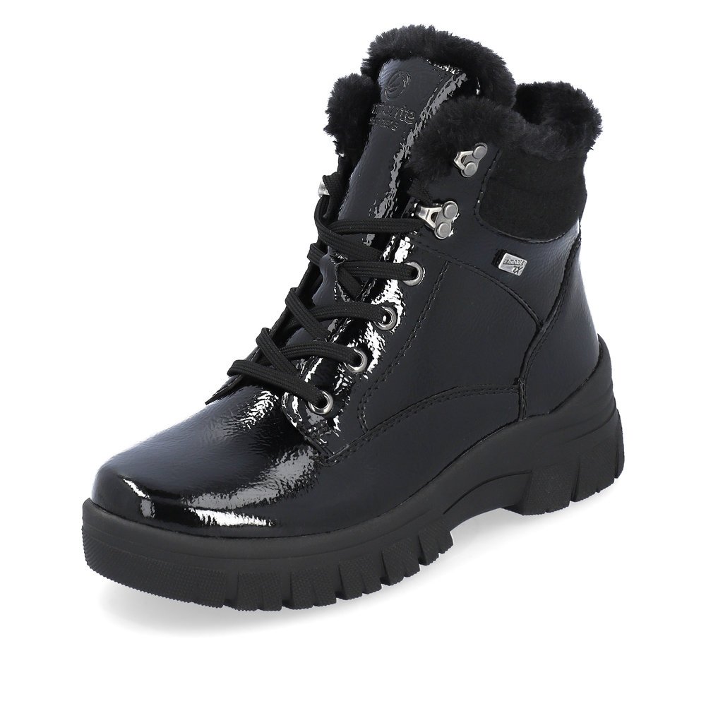 Midnight black remonte women´s lace-up boots D0E71-02 with remonteTEX technology. Shoe laterally.