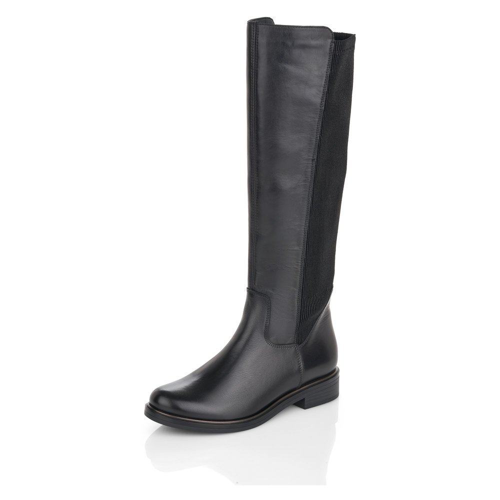 Bottes à tige haute remonte noires femme D8371-01 avec fermeture éclair. Chaussure inclinée sur le côté.