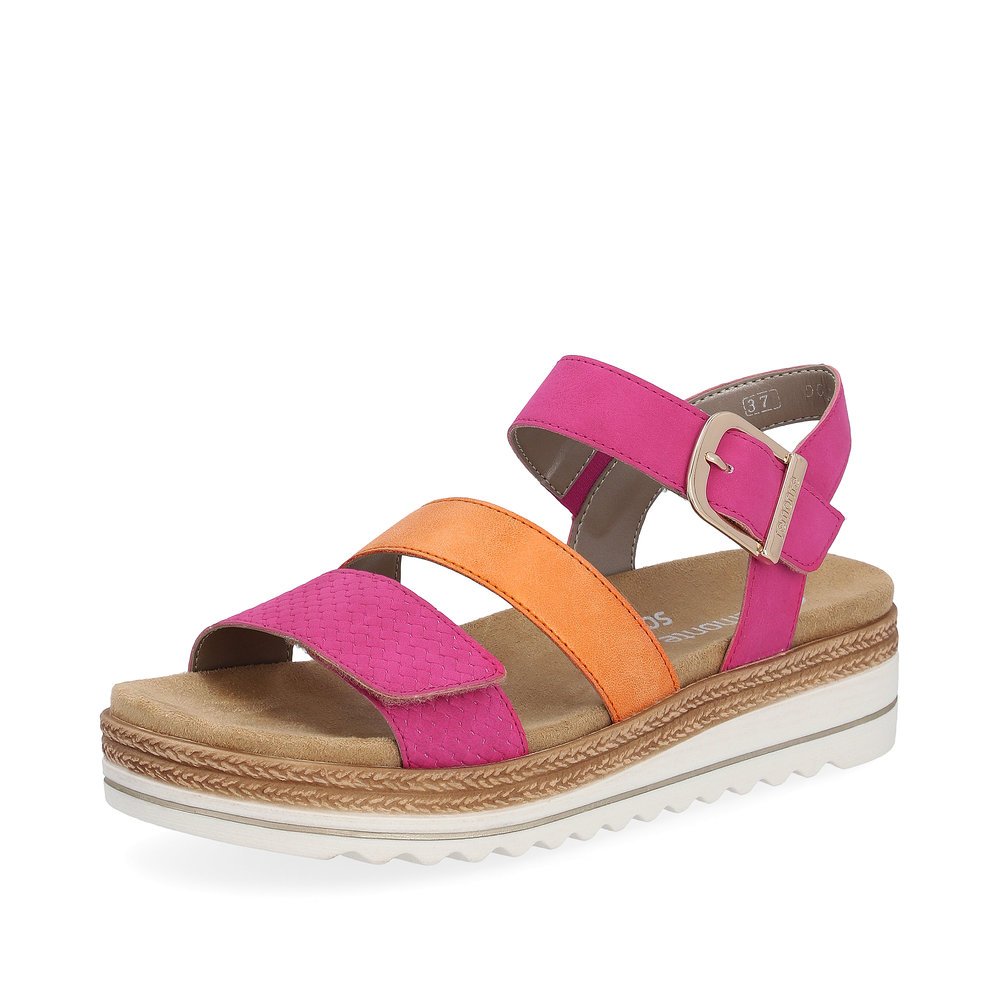 Pink vegan remonte women´s strap sandals D0Q55-31 with a hook and loop fastener. Shoe laterally.