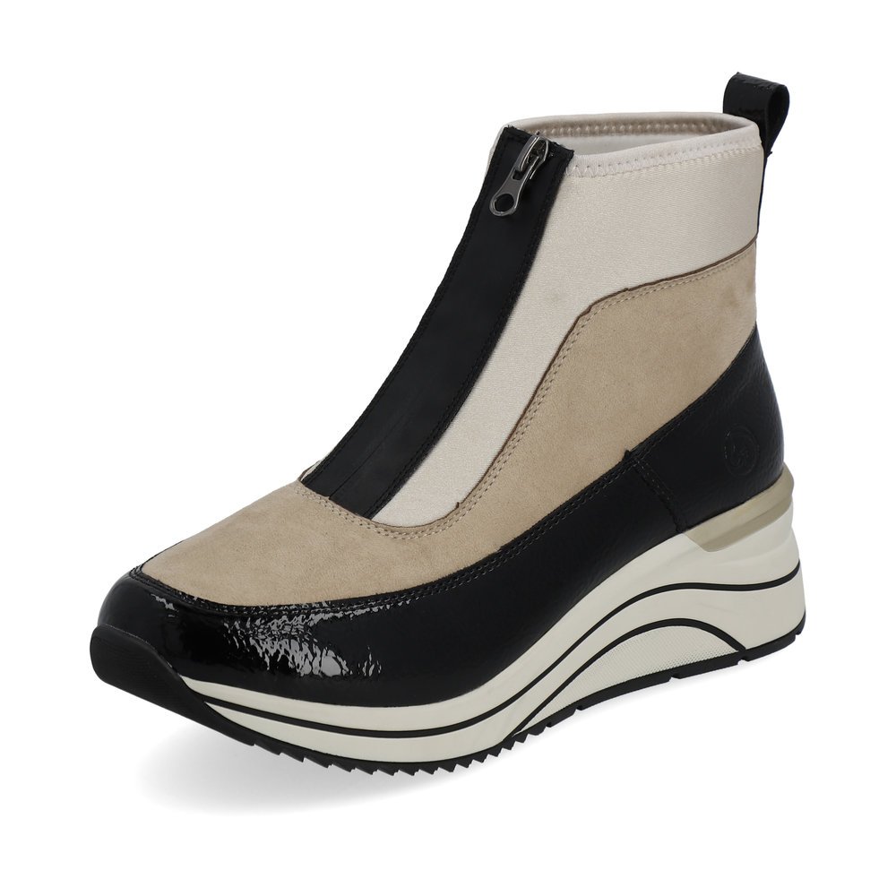 Sandbeige vegane remonte Damen Kurzstiefel D0T71-60 mit einem Reißverschluss. Schuh seitlich schräg.