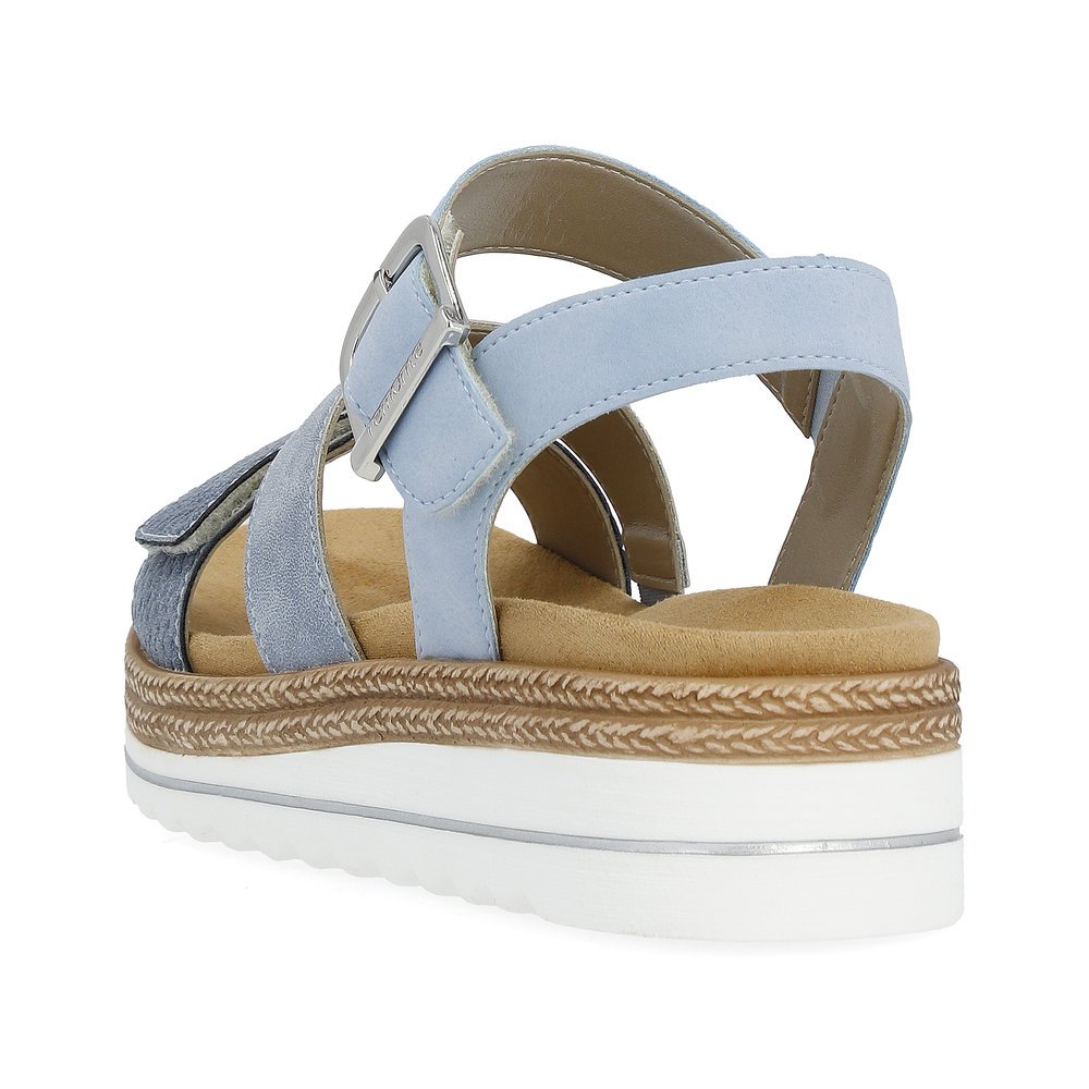 Sky blue vegan remonte women´s strap sandals D0Q55-12 with hook and loop fastener. Shoe from the back.