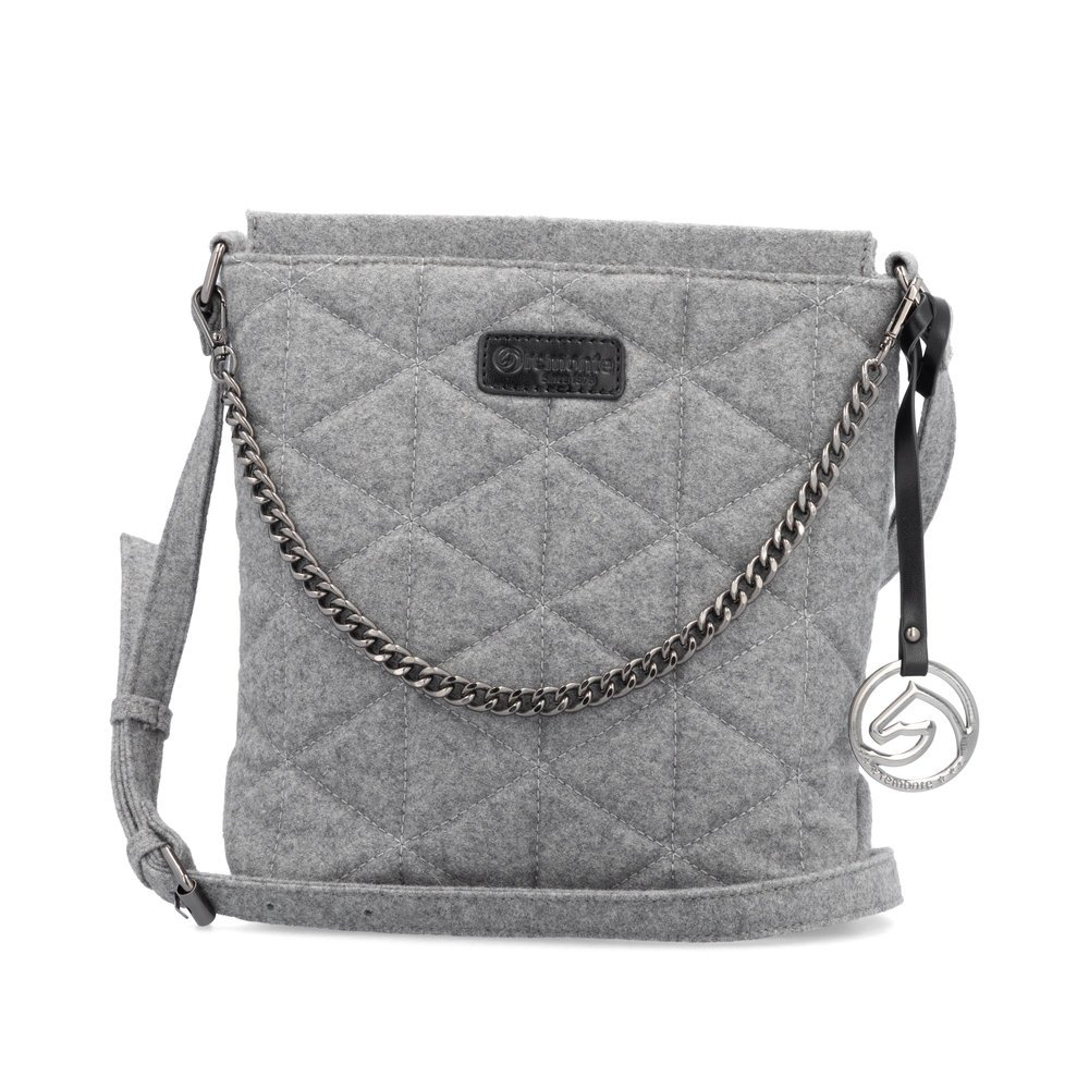 Sac à main remonte Q0637-40 gris avec fermeture éclair, détail de chaîne, poche intérieure et pendentif avec logo. Face avant.